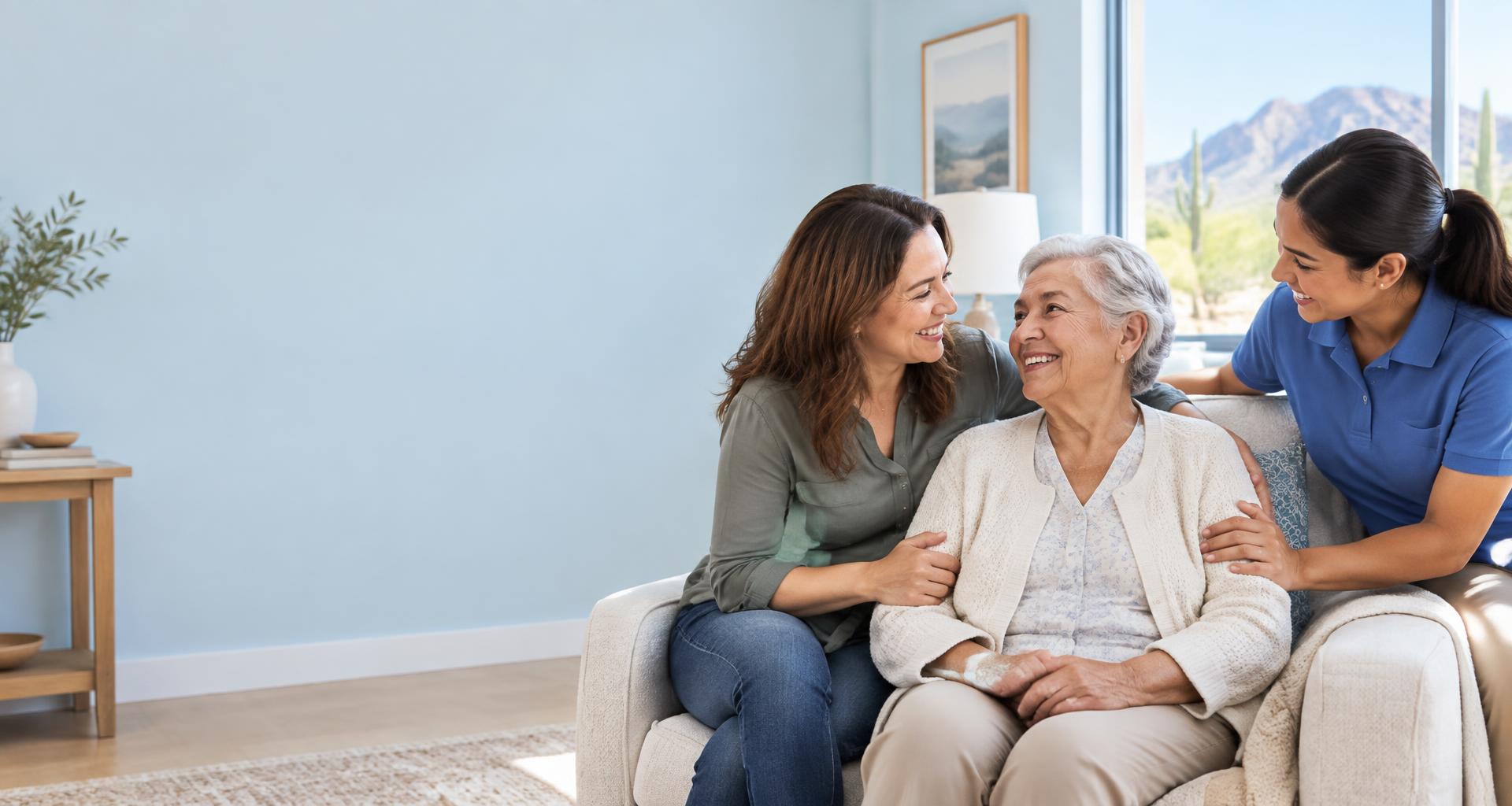 An older woman sharing a reassuring moment with her daughter and caregiver