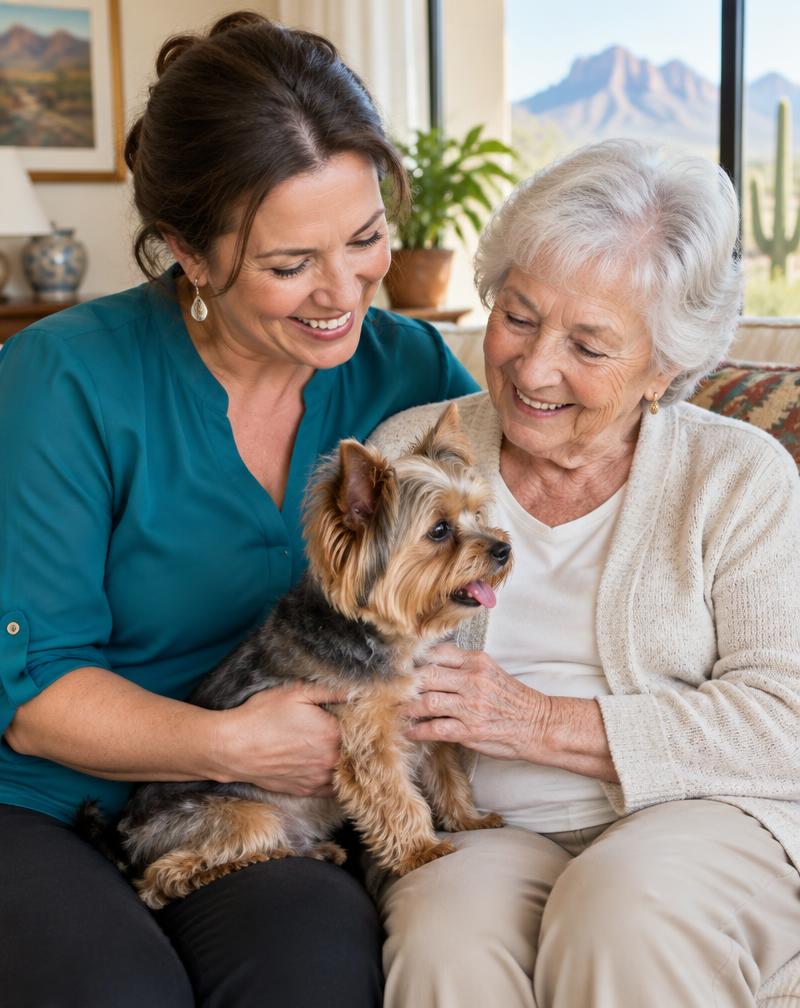 A caregiver sharing a happy moment with an older woman and her dog
