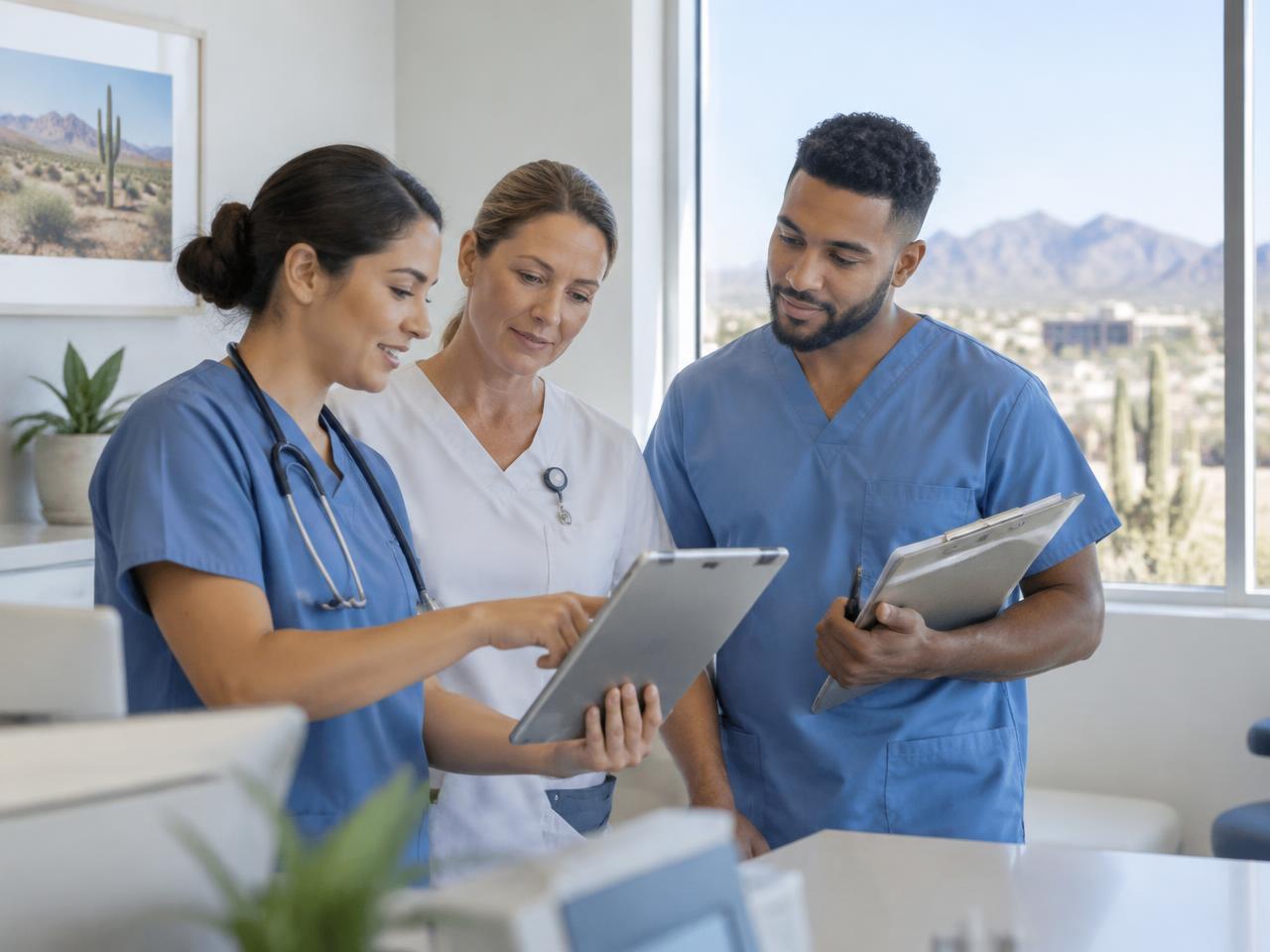 Nurses and therapists collaborating on a care plan