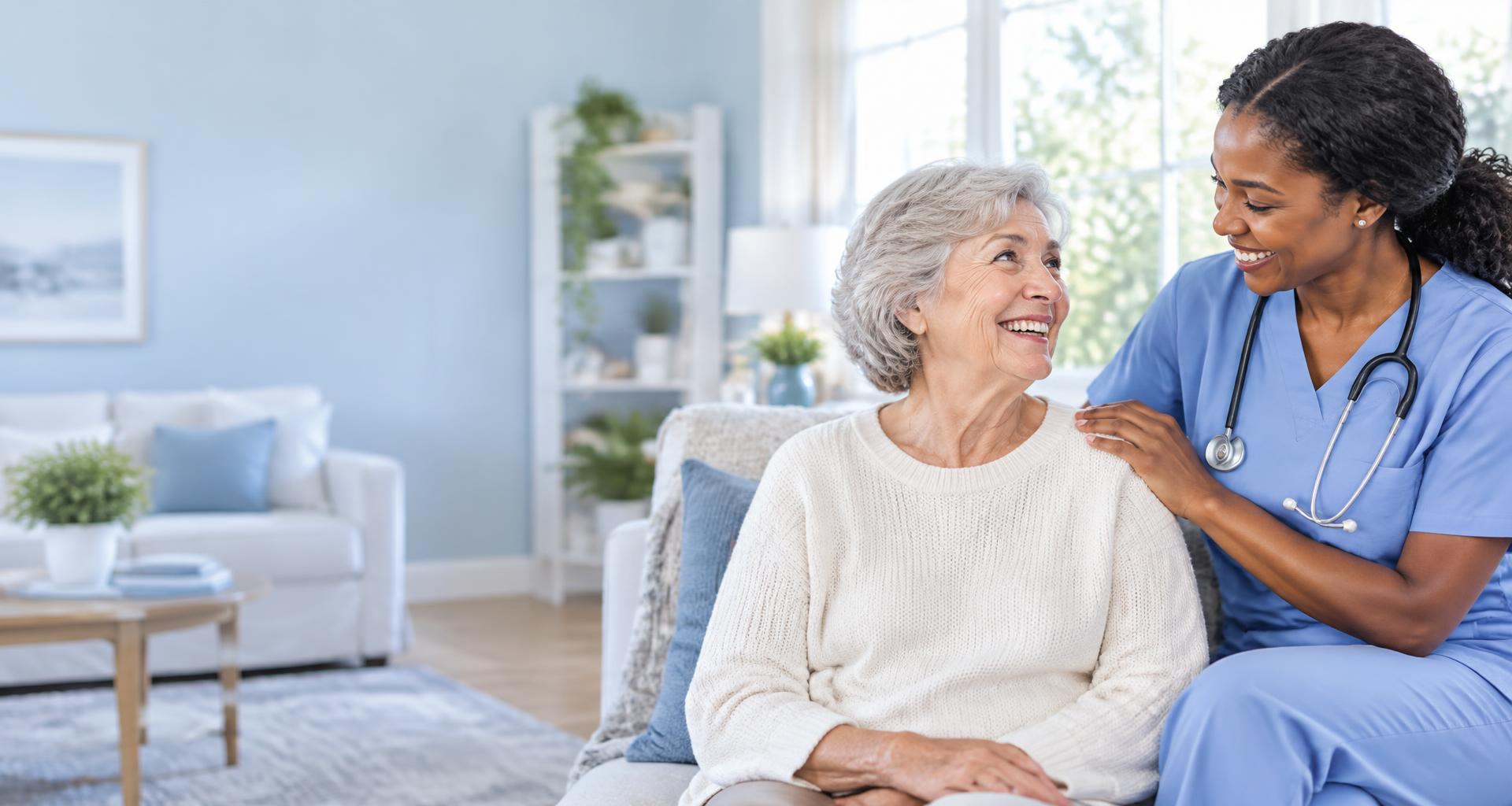 A nurse and an older woman discussing care in a bright Tucson home