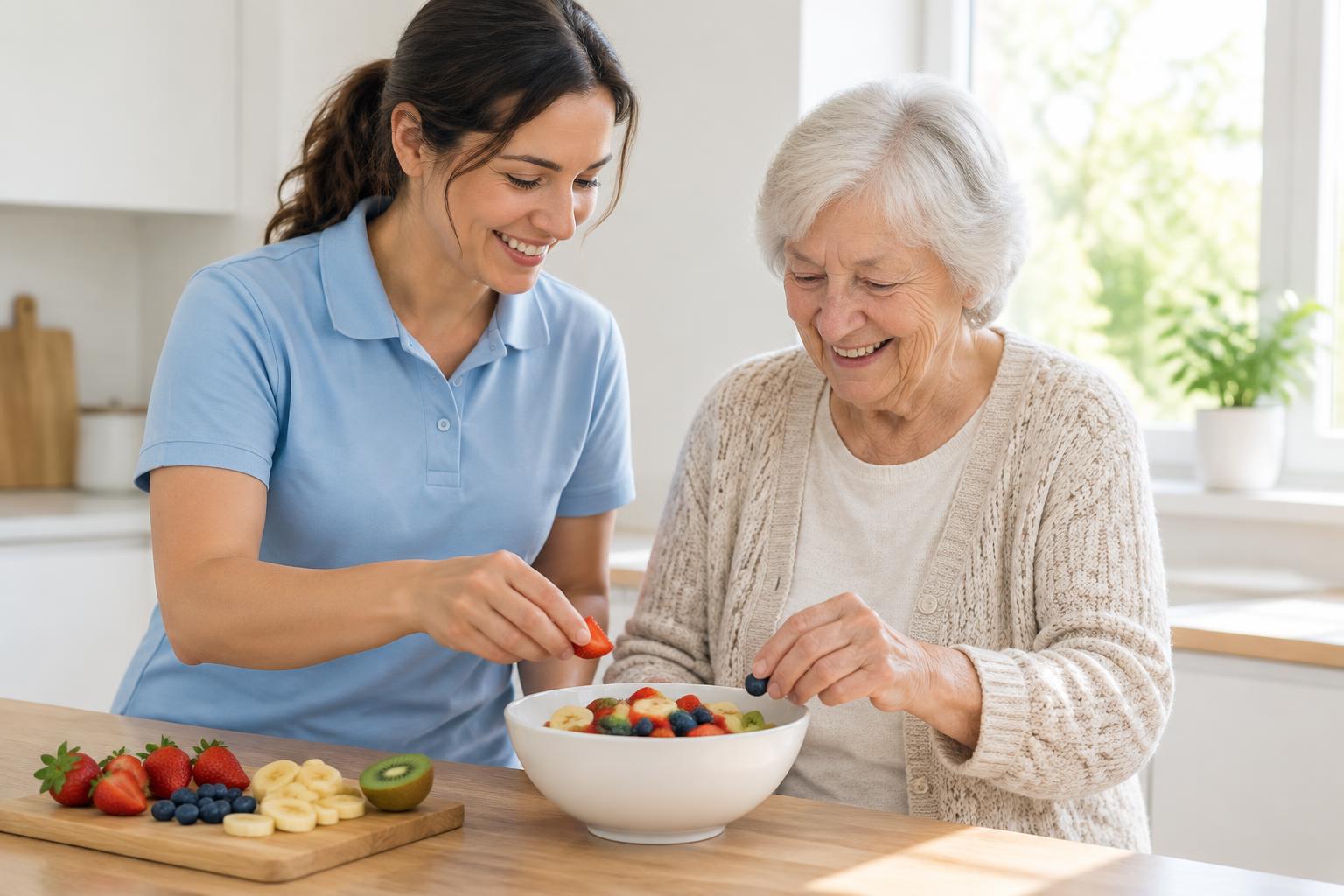 A caregiver and an older woman preparing fresh fruit together