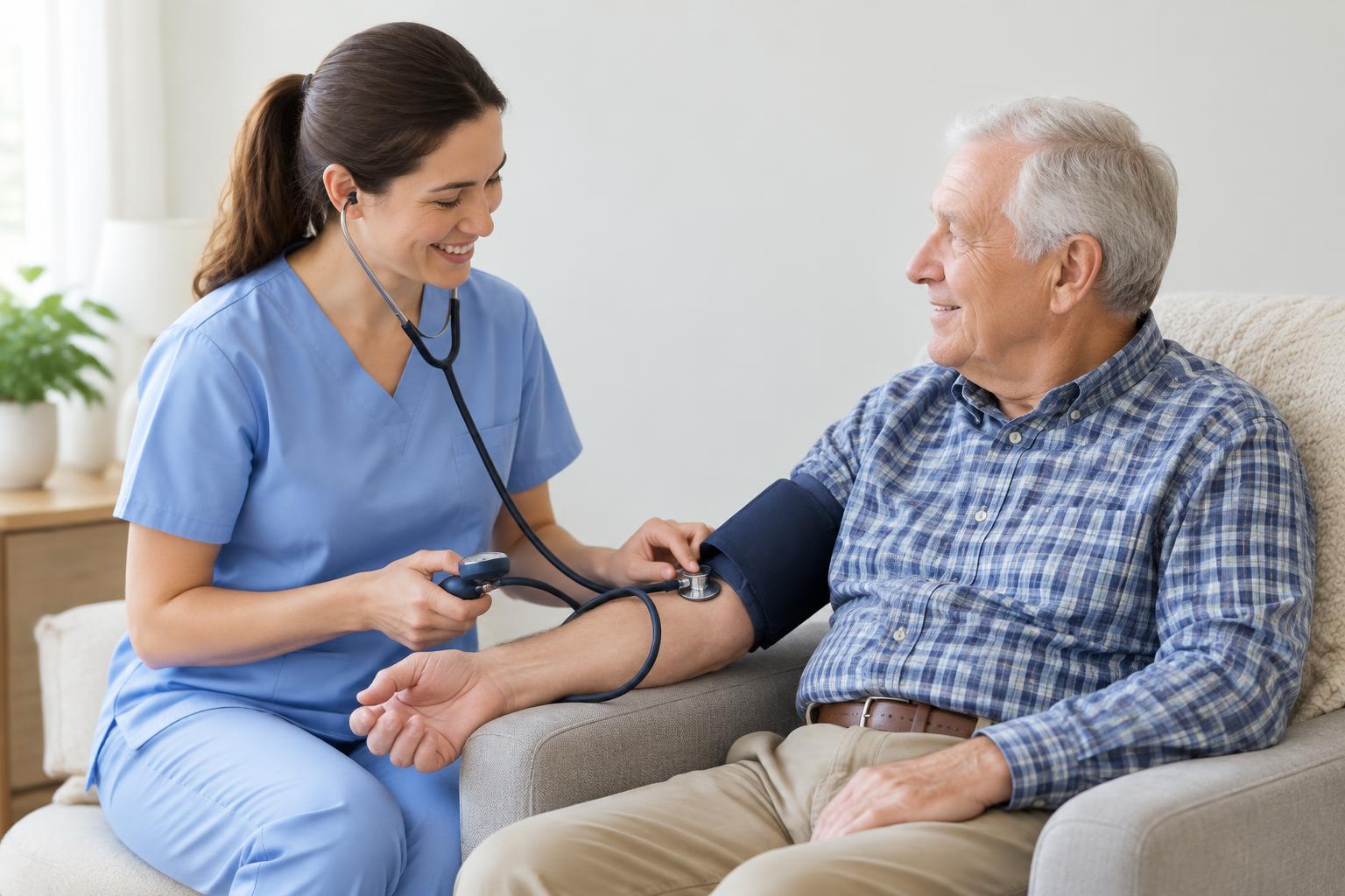 A home health nurse taking an older man's blood pressure