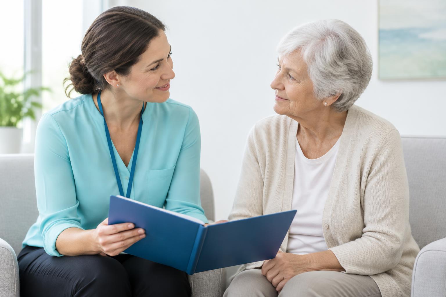 A patient advocate discussing a care folder with an older woman