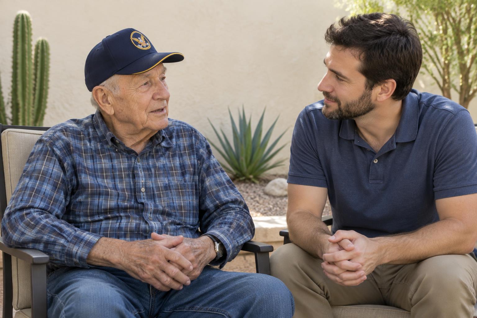 An older veteran talking with a care companion on a Tucson patio